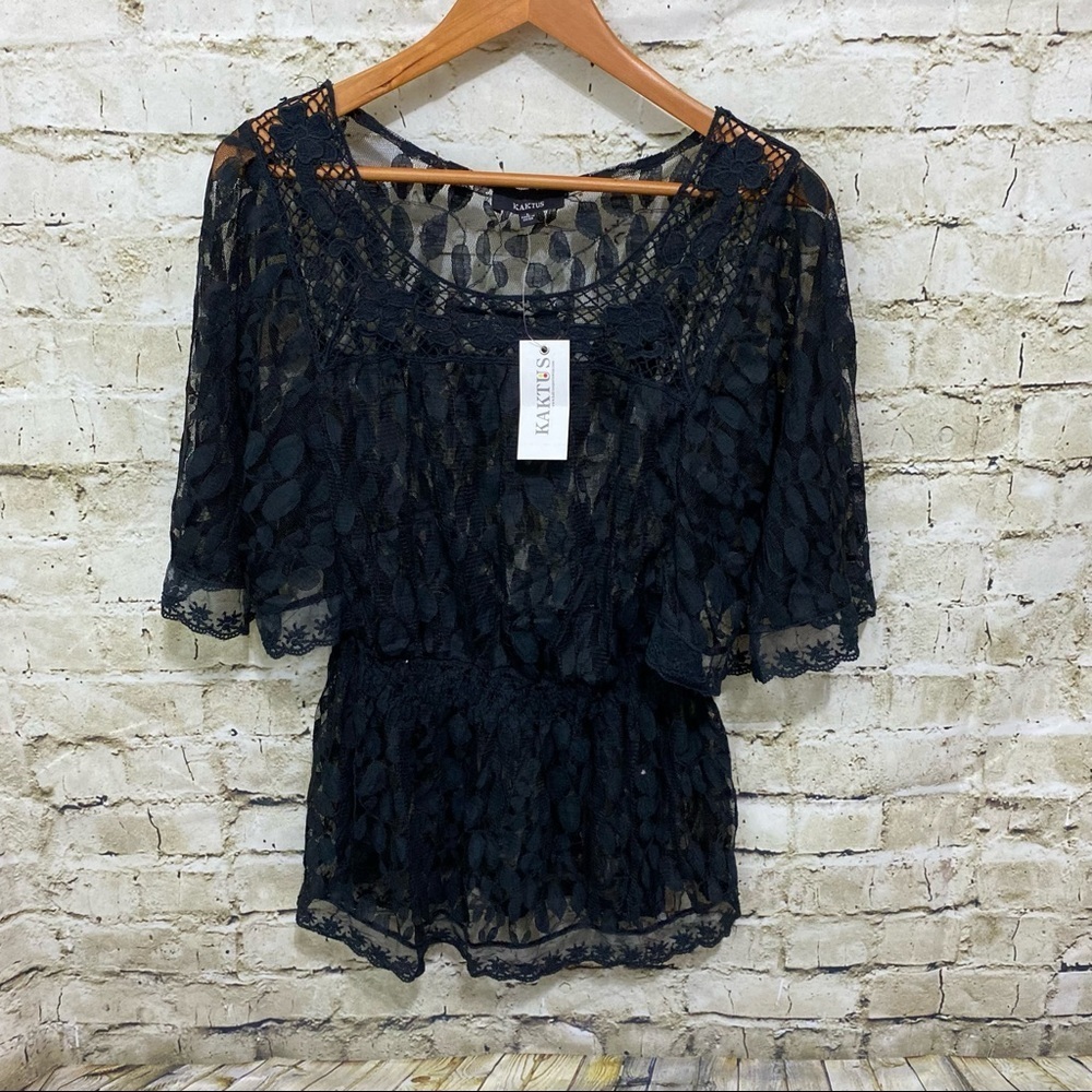 NWT Kaktus Black Sheer Floral Lace Stretch Waist Top